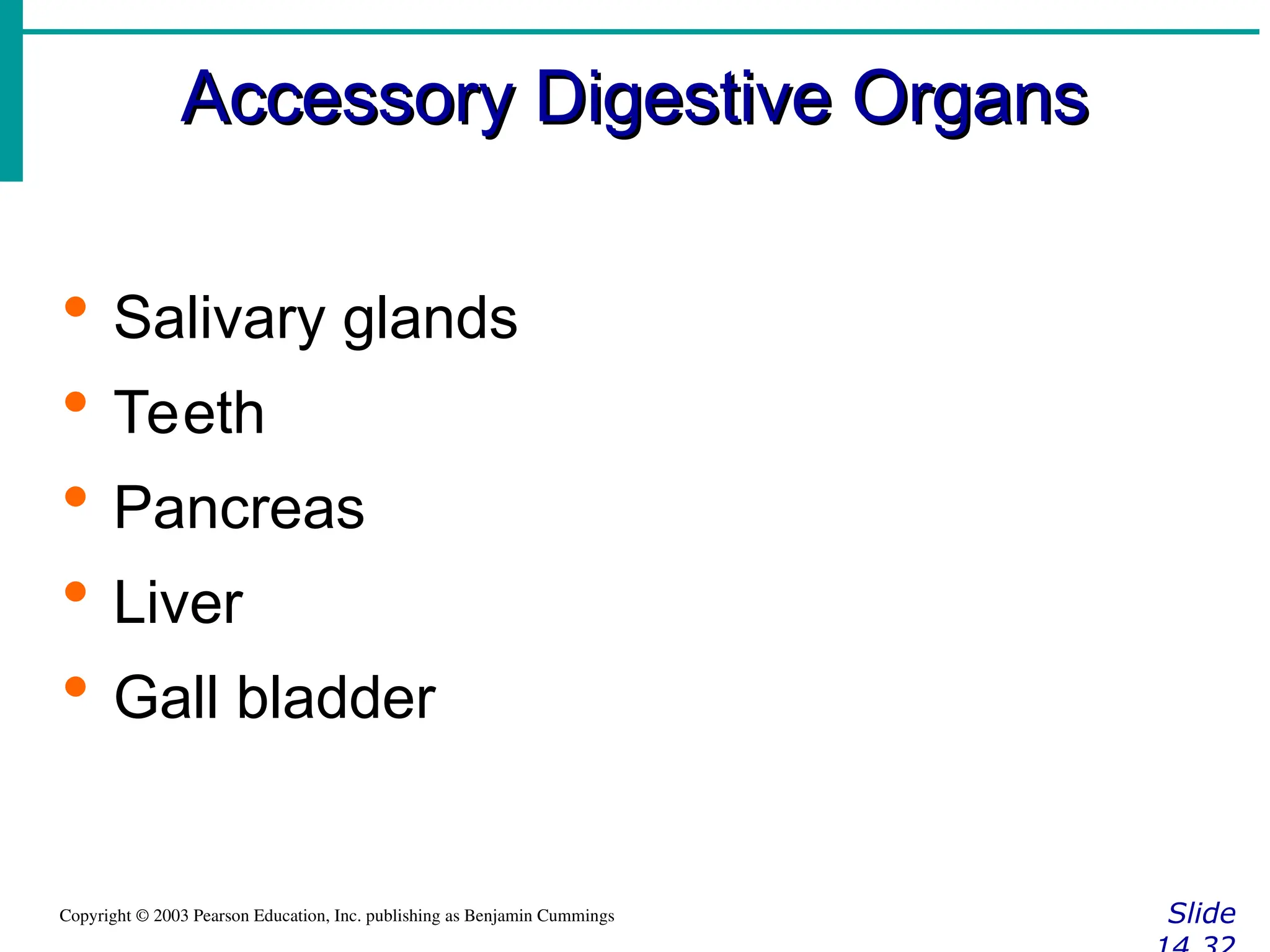 Accessory Digestive Organs
Accessory Digestive Organs
Slide
Copyright © 2003 Pearson Education, Inc. publishing as Benjamin Cummings
 Salivary glands
 Teeth
 Pancreas
 Liver
 Gall bladder
 