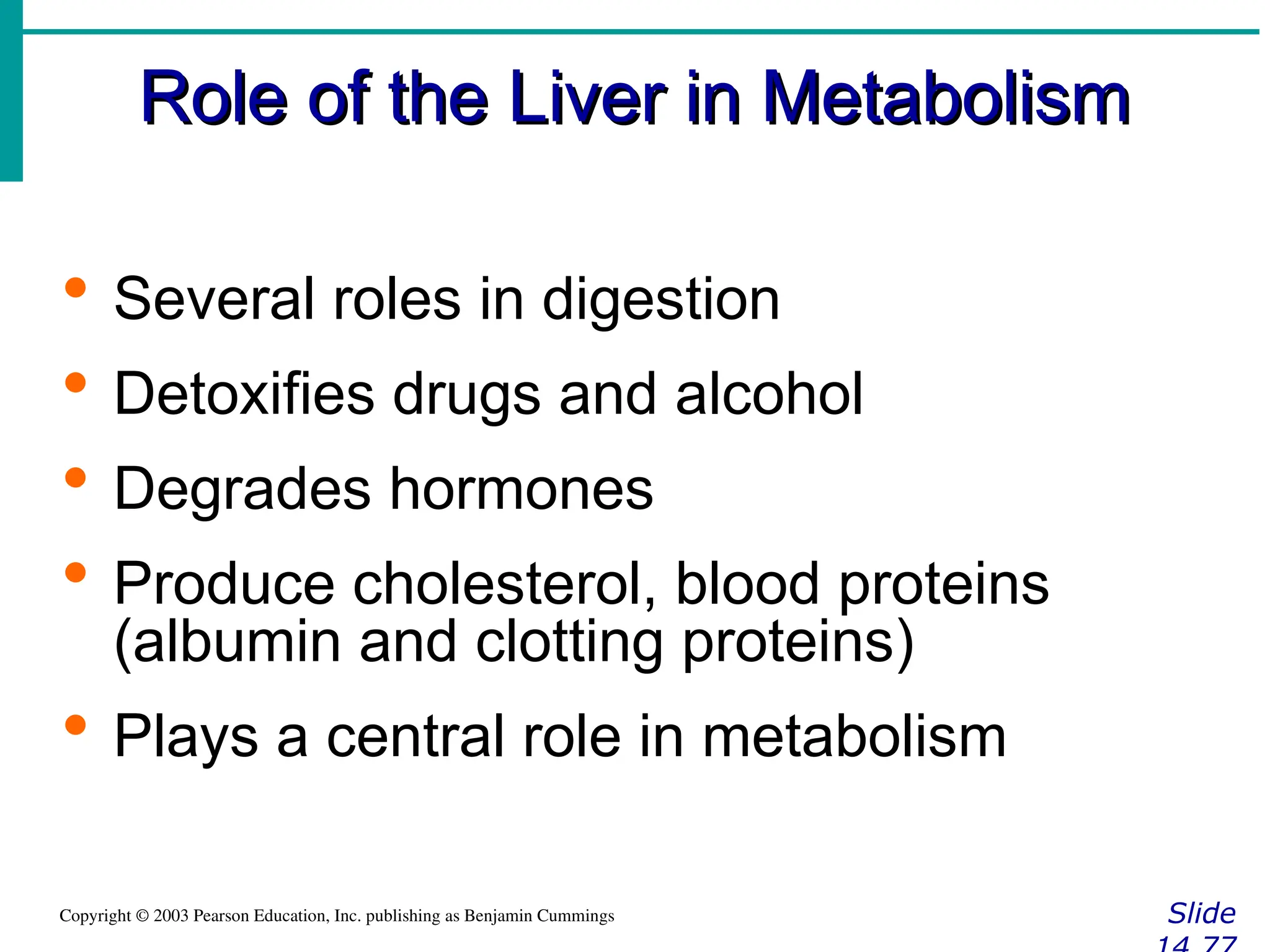 Role of the Liver in Metabolism
Role of the Liver in Metabolism
Slide
Copyright © 2003 Pearson Education, Inc. publishing as Benjamin Cummings
 Several roles in digestion
 Detoxifies drugs and alcohol
 Degrades hormones
 Produce cholesterol, blood proteins
(albumin and clotting proteins)
 Plays a central role in metabolism
 