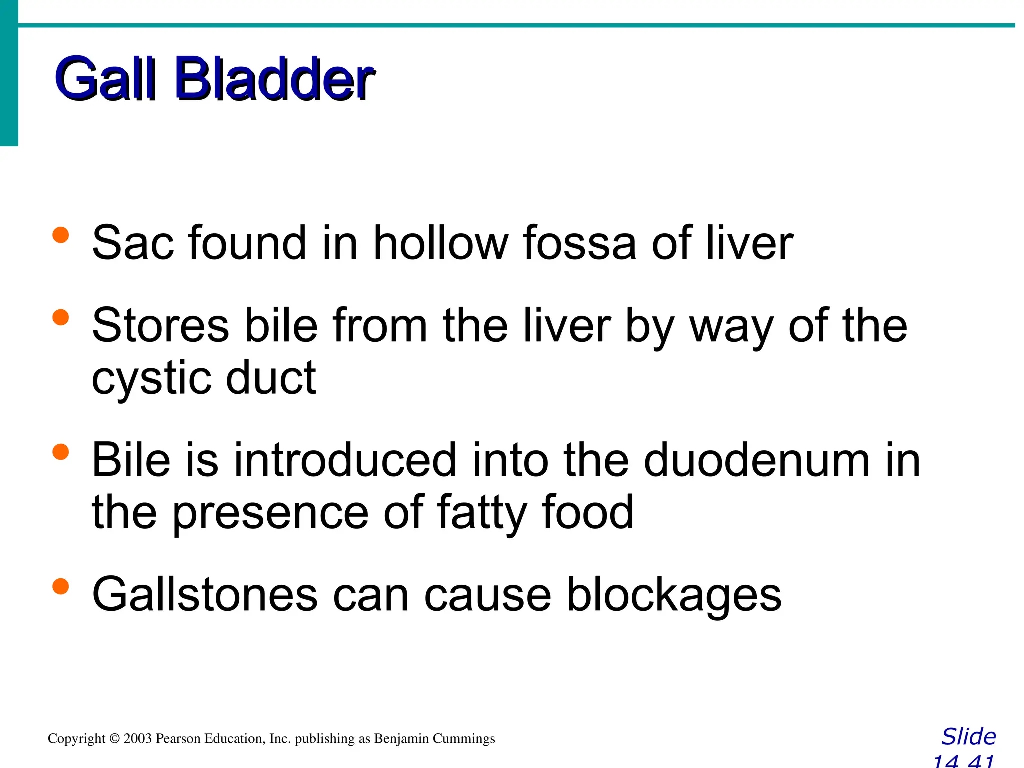 Gall Bladder
Gall Bladder
Slide
Copyright © 2003 Pearson Education, Inc. publishing as Benjamin Cummings
 Sac found in hollow fossa of liver
 Stores bile from the liver by way of the
cystic duct
 Bile is introduced into the duodenum in
the presence of fatty food
 Gallstones can cause blockages
 