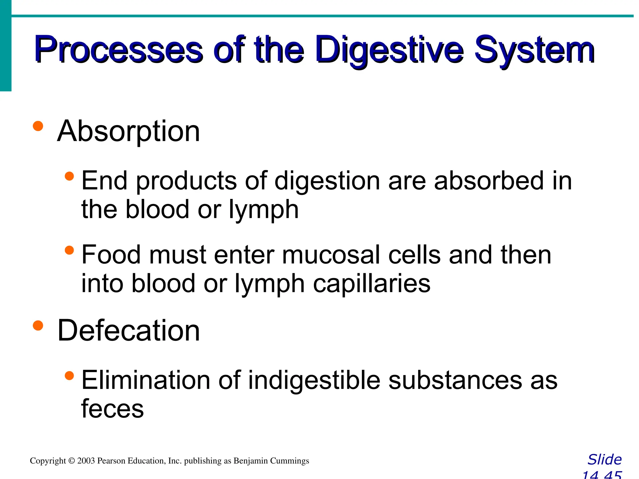 Processes of the Digestive System
Processes of the Digestive System
Slide
Copyright © 2003 Pearson Education, Inc. publishing as Benjamin Cummings
 Absorption
 End products of digestion are absorbed in
the blood or lymph
 Food must enter mucosal cells and then
into blood or lymph capillaries
 Defecation
 Elimination of indigestible substances as
feces
 