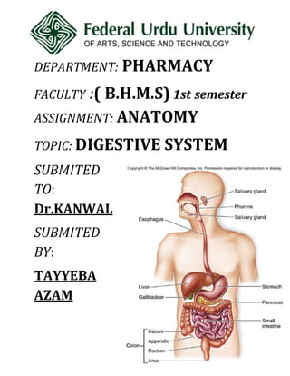 DEPARTMENT: PHARMACY
FACULTY :( B.H.M.S) 1st semester
ASSIGNMENT: ANATOMY
TOPIC: DIGESTIVE SYSTEM
SUBMITED
TO:
Dr.KANWAL
SUBMITED
BY:
TAYYEBA
AZAM
 