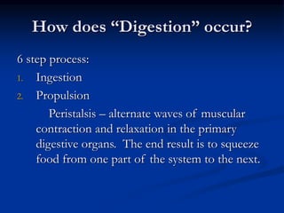 How does “Digestion” occur?
6 step process:
1. Ingestion
2. Propulsion
Peristalsis – alternate waves of muscular
contraction and relaxation in the primary
digestive organs. The end result is to squeeze
food from one part of the system to the next.
 