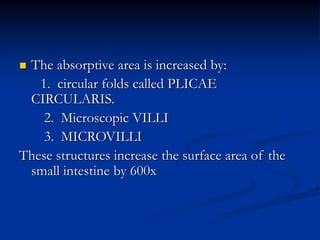  The absorptive area is increased by:
1. circular folds called PLICAE
CIRCULARIS.
2. Microscopic VILLI
3. MICROVILLI
These structures increase the surface area of the
small intestine by 600x
 