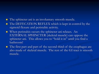  The sphincter ani is an involuntary smooth muscle.
 The DEFECATION REFLEX which is kept in control by the
sigmoid flexure and peristaltic activity.
 When peristalsis occurs the sphincter ani relaxes. An
EXTERNAL SPHINCTER (skeletal muscle) can oppose the
sphincter ani. This allows you to “hold it in” until you find a
bathroom!
 The first part and part of the second third of the esophagus are
also made of skeletal muscle. The rest of the GI tract is smooth
muscle.
 