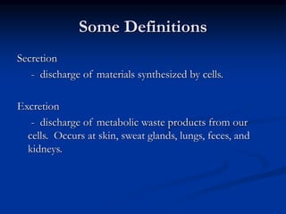 Some Definitions
Secretion
- discharge of materials synthesized by cells.
Excretion
- discharge of metabolic waste products from our
cells. Occurs at skin, sweat glands, lungs, feces, and
kidneys.
 