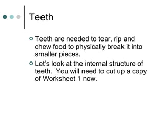 Teeth Teeth are needed to tear, rip and chew food to physically break it into smaller pieces. Let’s look at the internal structure of teeth.  You will need to cut up a copy of Worksheet 1 now. 