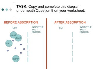 TASK:  Copy and complete this diagram underneath Question 8 on your worksheet: starch starch starch starch G G G GUT INSIDE THE BODY (BLOOD) G G G BEFORE ABSORPTION GUT INSIDE THE BODY (BLOOD) AFTER ABSORPTION 