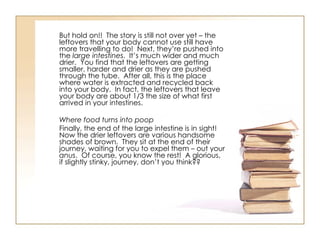 But hold on!!  The story is still not over yet – the leftovers that your body cannot use still have more travelling to do!  Next, they’re pushed into the  large intestines .  It’s much wider and much drier.  You find that the leftovers are getting smaller, harder and drier as they are pushed through the tube.  After all, this is the place where water is extracted and recycled back into your body.  In fact, the leftovers that leave your body are about 1/3 the size of what first arrived in your intestines. Where food turns into poop Finally, the end of the large intestine is in sight!  Now the drier leftovers are various handsome shades of brown.  They sit at the end of their journey, waiting for you to expel them – out your  anus .  Of course, you know the rest!  A glorious, if slightly stinky, journey, don’t you think?? 