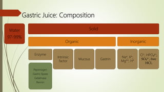 Gastric Juice: Composition
Water
97-99%
Solid
Organic
Enzyme
Pepsinogen
Gastric lipase
Gelatinase
Rennin
Intrinsic
factor
Mucous Gastrin
Inorganic
Na⁺, K⁺,
Mg⁺⁺, H⁺
Cl⁻, HPO₄²⁻,
SO₄²⁻, free
HCL
 