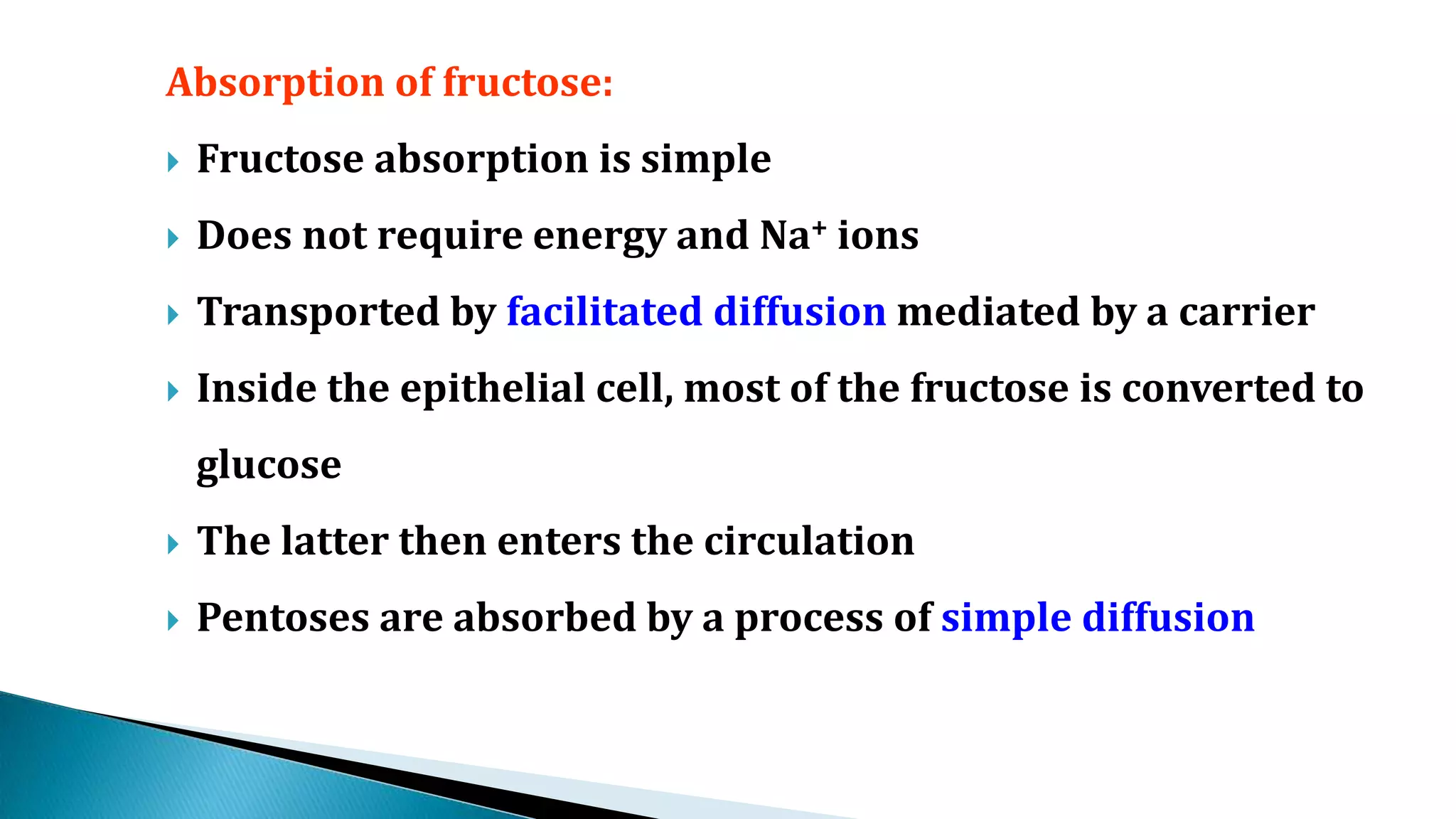 Absorption of fructose:
 Fructose absorption is simple
 Does not require energy and Na+ ions
 Transported by facilitated diffusion mediated by a carrier
 Inside the epithelial cell, most of the fructose is converted to
glucose
 The latter then enters the circulation
 Pentoses are absorbed by a process of simple diffusion
 