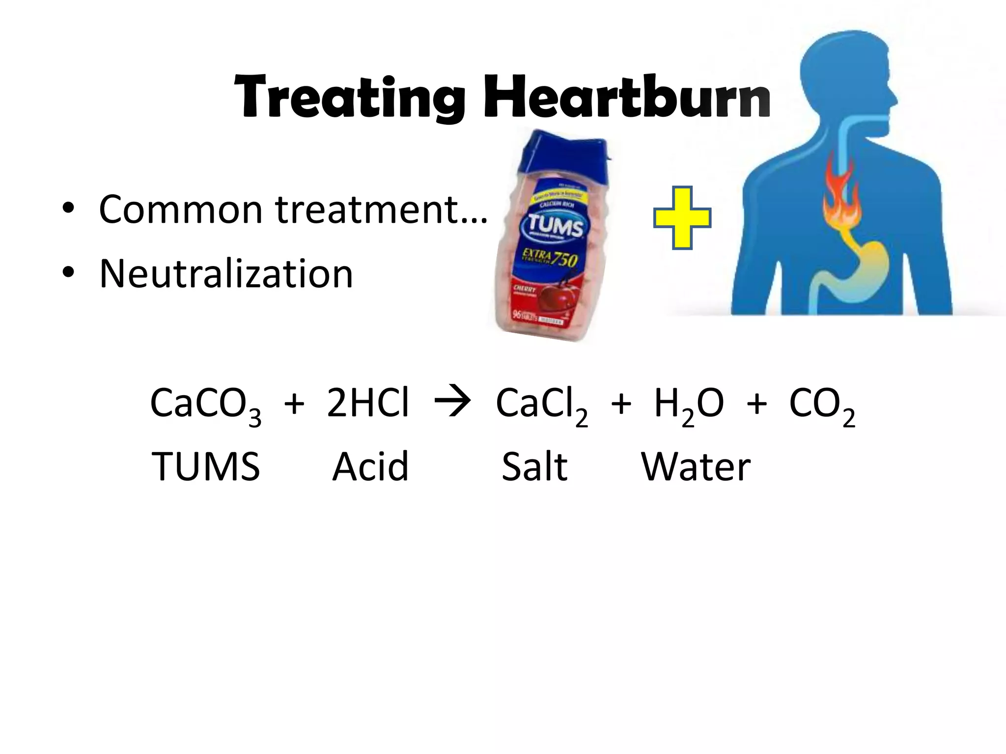 Treating Heartburn
• Common treatment…
• Neutralization
CaCO3 + 2HCl CaCl2 + H2O + CO2
TUMS Acid Salt Water