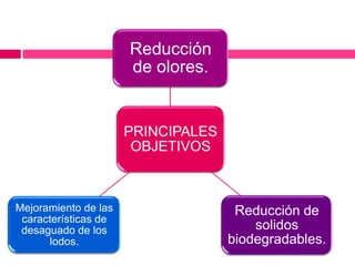 Reducción
de olores.

PRINCIPALES
OBJETIVOS

Mejoramiento de las
características de
desaguado de los
lodos.

Reducción de
solidos
biodegradables.

 