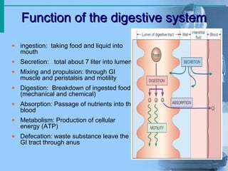 Function of the digestive systemFunction of the digestive system
• ingestion: taking food and liquid into
mouth
• Secretion: total about 7 liter into lumen
• Mixing and propulsion: through GI
muscle and peristalsis and motility
• Digestion: Breakdown of ingested food
(mechanical and chemical)
• Absorption: Passage of nutrients into the
blood
• Metabolism: Production of cellular
energy (ATP)
• Defecation: waste substance leave the
GI tract through anus
 