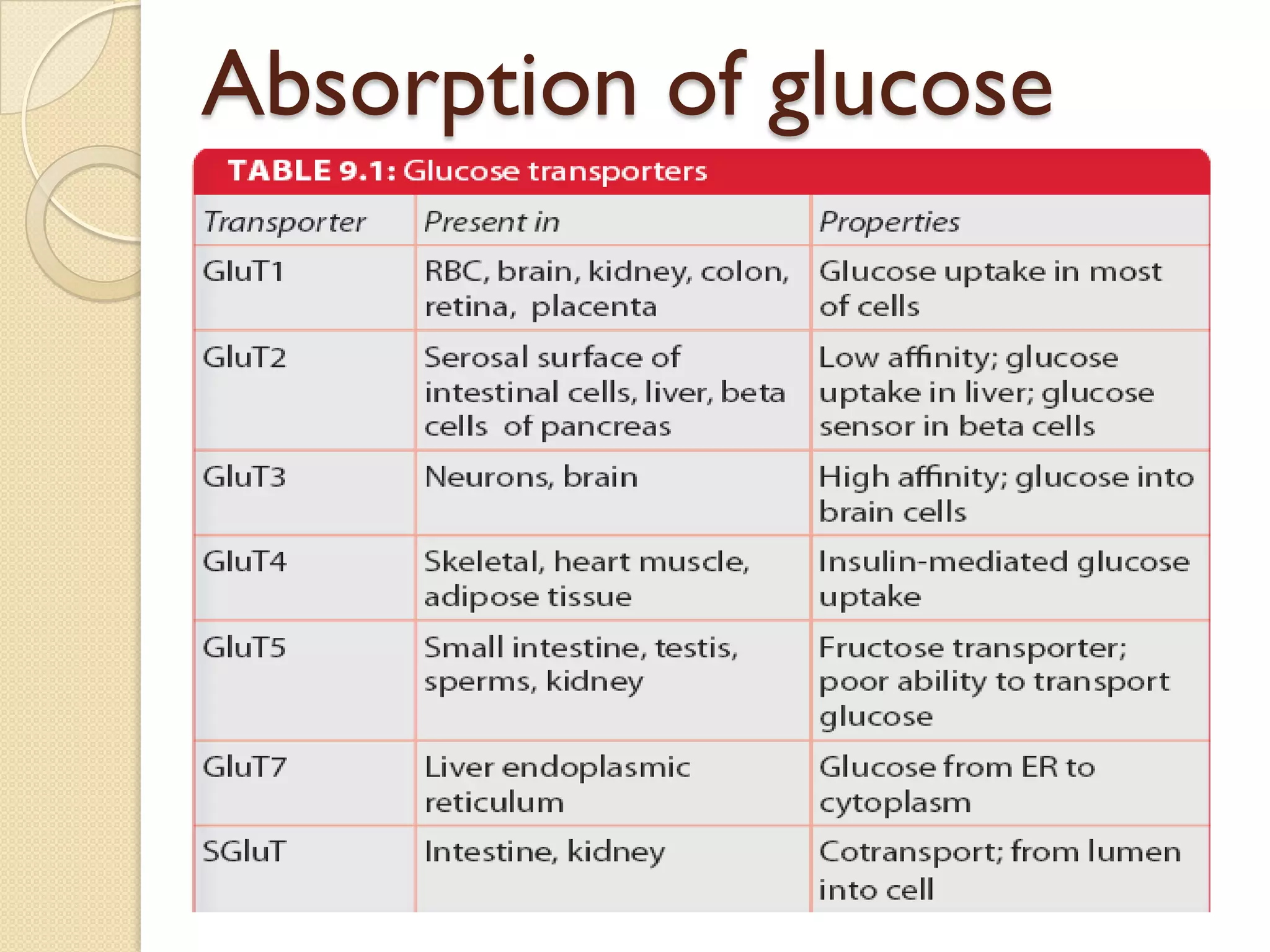 Absorption of glucose
 