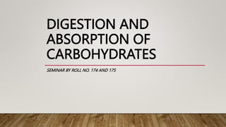 DIGESTION AND
ABSORPTION OF
CARBOHYDRATES
SEMINAR BY ROLL NO. 174 AND 175
 