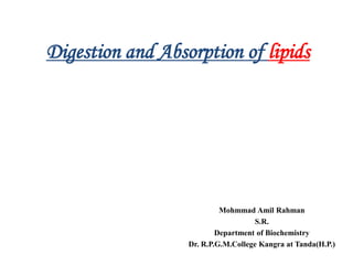 Digestion and Absorption of lipids
Mohmmad Amil Rahman
S.R.
Department of Biochemistry
Dr. R.P.G.M.College Kangra at Tanda(H.P.)
 