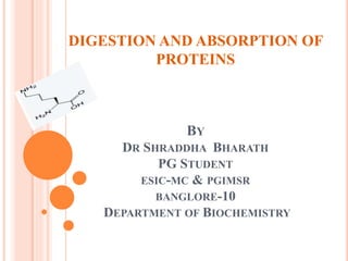 DIGESTION AND ABSORPTION OF
PROTEINS
BY
DR SHRADDHA BHARATH
PG STUDENT
ESIC-MC & PGIMSR
BANGLORE-10
DEPARTMENT OF BIOCHEMISTRY
 