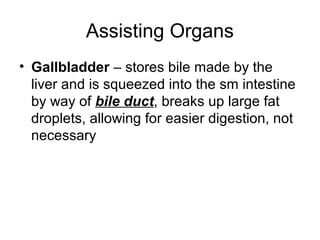Assisting Organs
• Gallbladder – stores bile made by the
liver and is squeezed into the sm intestine
by way of bile duct, breaks up large fat
droplets, allowing for easier digestion, not
necessary
 
