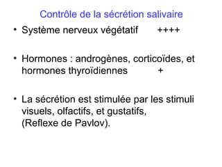 Contrôle de la sécrétion salivaire
• Système nerveux végétatif       ++++

• Hormones : androgènes, corticoïdes, et
  hormones thyroïdiennes       +

• La sécrétion est stimulée par les stimuli
  visuels, olfactifs, et gustatifs,
  (Reflexe de Pavlov).
 