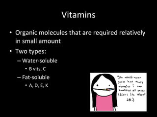Vitamins Organic molecules that are required relatively in small amount Two types: Water-soluble B vits, C Fat-soluble A, D, E, K 