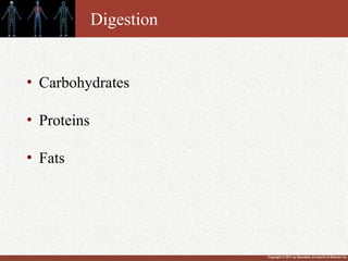 Copyright © 2011 by Saunders, an imprint of Elsevier Inc.
Digestion
• Carbohydrates
• Proteins
• Fats
 
