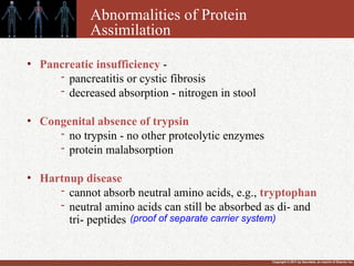 Copyright © 2011 by Saunders, an imprint of Elsevier Inc.
Abnormalities of Protein
Assimilation
• Pancreatic insufficiency -
- pancreatitis or cystic fibrosis
- decreased absorption - nitrogen in stool
• Congenital absence of trypsin
- no trypsin - no other proteolytic enzymes
- protein malabsorption
• Hartnup disease
- cannot absorb neutral amino acids, e.g., tryptophan
- neutral amino acids can still be absorbed as di- and
tri- peptides (proof of separate carrier system)
 