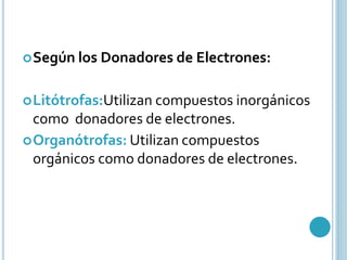 Según los Donadores de Electrones: 
Litótrofas:Utilizan compuestos inorgánicos 
como donadores de electrones. 
Organótrofas: Utilizan compuestos 
orgánicos como donadores de electrones. 
 