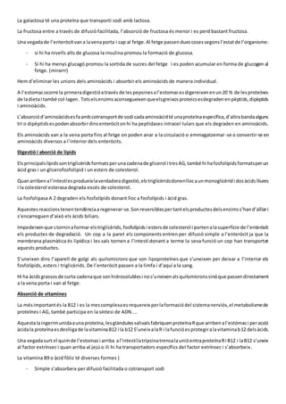 La galactosa té una proteïna que transporti sodi amb lactosa.
La fructosa entre a través de difusió facilitada, l’absorció de fructosa és menor i es perd bastant fructosa.
Una vegadade l’enteròcitvana lavenaporta i cap al fetge.Al fetge passenduescosessegonsl’estatde l’organisme:
- si hi ha nivells alts de glucosa la insulina promou la formació de glucosa.
- Si hi ha menys glucagó promou la sortida de sucres del fetge i es poden acumular en forma de glucogen al
fetge. (mirarrr)
Hem d’eliminar les unions dels aminoàcids i absorbir els aminoàcids de manera individual.
A l’estomacocorre la primeradigestióatravés de lespepsinesal’estomacesdigereixenenun20 % de lesproteïnes
de ladietai també col·lagen. Totselsenzimsaconsegueixenqueelsgreixosproteicsesdegradenenpèptids,dipèptids
i aminoàcids.
L’absorciód’aminoàcidsesfaambcotransportde sodi cadaaminoàcidté unaproteïnaespecífica,d’altrabandaalguns
tri o dipèptidsespodenabsorbirdinsenteròcitonhi ha peptidases intracel·lulars que els degraden en aminoàcids.
Els aminoàcids van a la vena porta fins al fetge on poden anar a la circulació o emmagatzemar-se o convertir-se en
aminoàcids diversos a l’interior dels enteròcits.
Digestió i aborció de lípids
Elsprincipalslípidssontriglicèridsformatsperunacadenade glicerol i tresAG,també hi hafosfolípidsformatsperun
àcid gras i un glicerofosfolipid i un esters de colesterol.
Quanarribenal’intestíesprodueixlaverdaderadigestió,elstriglicèridsdonenllocaunmonoglicèridi dosàcidslliures
i la colesterol esterasa degrada excés de colesterol.
La fosfolipasa A 2 degraden els fosfolípids donant lloc a fosfolípids i àcid gras.
Aquestesreaccionstenentendènciaa regenerar-se.Sonreversiblespertantelsproductesdelsenzimss’hand’aïllari
s’encarreguen d’això els àcids biliars.
Impedeixenque storninaformar elstriglicèrids,fosfolípidsi estersde colesterol i portenalasuperfície de l’enteròcit
els productes de degradació. Un cop a la paret els components entren per difusió simple a l’enteròcit ja que la
membrana plasmàtica és lipídica i les sals tornen a l’intestí donant a terme la seva funció un cop han transportat
aquests productes.
S’uneixen dins l’aparell de golgi als quilomicrons que son lipoproteïnes que s’uneixen per deixar a l’interior els
fosfolípids, esters i triglicèrids. De l’enteròcit passen a la limfa i d’aquí a la sang.
Hi ha àcidsgrassosde curta cadenaque sonhidrosolublesi nos’uneixenalsquilomicronssinóque passendirectament
a la vena porta i van al fetge.
Absorció de vitamines
La mésimportantés la B12 i es la mescomplexaesrequereix perlaformaciódel sistemanerviós,el metabolismede
proteïnes i AG, també participa en la síntesi de ADN....
Aquestalaingerimunidaaunaproteïna,lesglàndulessalivalsfabriquenproteïnaRque arribenal’estómaci peracció
àcidala proteïnaesdeslligade lavitaminaB12 i la b12 S’uneix alaR i lafuncióesprotegiralavitaminab12 delsàcids.
Una vegadasurt el quimde l’estomaci arriba al’intestílatripsinatrencalaunióentraproteïnaRi B12 i laB12 s’uneix
al factor extrínsec i quan arriba al jejú o ili hi ha transportadors específics del factor extrínsec i s’absorbeix .
La vitamina B9 o àcid fòlic té diverses formes )
- Simple s’absorbeix per difusió facilitada o cotransport sodi
 