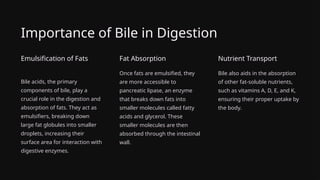 Importance of Bile in Digestion
Emulsification of Fats
Bile acids, the primary
components of bile, play a
crucial role in the digestion and
absorption of fats. They act as
emulsifiers, breaking down
large fat globules into smaller
droplets, increasing their
surface area for interaction with
digestive enzymes.
Fat Absorption
Once fats are emulsified, they
are more accessible to
pancreatic lipase, an enzyme
that breaks down fats into
smaller molecules called fatty
acids and glycerol. These
smaller molecules are then
absorbed through the intestinal
wall.
Nutrient Transport
Bile also aids in the absorption
of other fat-soluble nutrients,
such as vitamins A, D, E, and K,
ensuring their proper uptake by
the body.
 