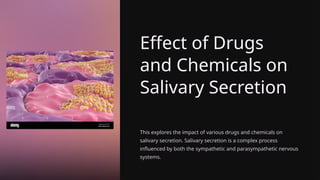 Effect of Drugs
and Chemicals on
Salivary Secretion
This explores the impact of various drugs and chemicals on
salivary secretion. Salivary secretion is a complex process
influenced by both the sympathetic and parasympathetic nervous
systems.
 