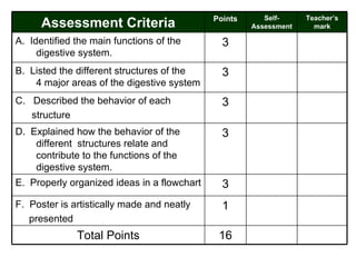 Assessment Criteria Points Self-Assessment Teacher’s mark A.  Identified the main functions of the digestive system. 3 B.  Listed the different structures of the  4 major areas of the digestive system 3 C.  Described the behavior of each structure  3 D.  Explained how the behavior of the different  structures relate and contribute to the functions of the digestive system.  3 E.  Properly organized ideas in a flowchart  3 F.  Poster is artistically made and neatly  presented 1 Total Points 16 