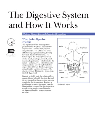 The Digestive System
and How It Works
National Digestive Diseases Information Clearinghouse
What is the digestive
system?
The digestive system is made up of the
gastrointestinal (GI) tract—also called the
digestive tract—and the liver, pancreas,
and gallbladder. The GI tract is a series
of hollow organs joined in a long, twisting
tube from the mouth to the anus. The
hollow organs that make up the GI tract
are the mouth, esophagus, stomach, small
intestine, large intestine—which includes the
rectum—and anus. Food enters the mouth
and passes to the anus through the hollow
organs of the GI tract. The liver, pancreas,
and gallbladder are the solid organs of the
digestive system. The digestive system helps
the body digest food.
Bacteria in the GI tract, also called gut flora
or microbiome, help with digestion. Parts of
the nervous and circulatory systems also play
roles in the digestive process. Together, a
combination of nerves, hormones, bacteria,
blood, and the organs of the digestive system
completes the complex task of digesting
the foods and liquids a person consumes
each day.
Stomach
Mouth
Small
intestine
Esophagus
Anus
Liver
Gallbladder Pancreas
Large
intestine
Rectum
The digestive system
 