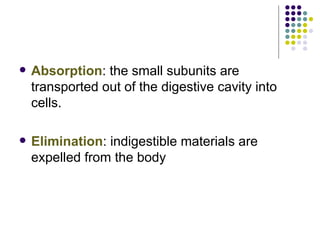 Absorption : the small subunits are transported out of the digestive cavity into cells. Elimination : indigestible materials are expelled from the body 