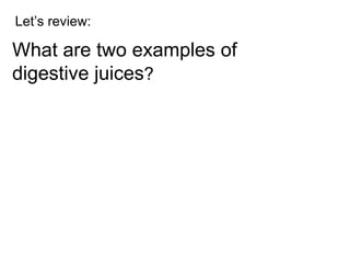 Let’s review: What are two examples of  digestive juices ? 