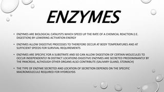 ENZYMES
• ENZYMES ARE BIOLOGICAL CATALYSTS WHICH SPEED UP THE RATE OF A CHEMICAL REACTION (I.E.
DIGESTION) BY LOWERING ACTIVATION ENERGY
• ENZYMES ALLOW DIGESTIVE PROCESSES TO THEREFORE OCCUR AT BODY TEMPERATURES AND AT
SUFFICIENT SPEEDS FOR SURVIVAL REQUIREMENTS
• ENZYMES ARE SPECIFIC FOR A SUBSTRATE AND SO CAN ALLOW DIGESTION OF CERTAIN MOLECULES TO
OCCUR INDEPENDENTLY IN DISTINCT LOCATIONS DIGESTIVE ENZYMES ARE SECRETED PREDOMINANTLY BY
THE PANCREAS, ALTHOUGH OTHER ORGANS ALSO CONTRIBUTE (SALIVARY GLAND, STOMACH)
• THE TYPE OF ENZYME SECRETED AND LOCATION OF SECRETION DEPENDS ON THE SPECIFIC
MACROMOLECULE REQUIRED FOR HYDROLYSIS
 
