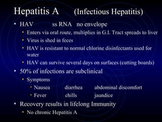 Hepatitis A                 (Infectious Hepatitis)
• HAV            ss RNA no envelope
   • Enters via oral route, multiplies in G.I. Tract spreads to liver
   • Virus is shed in feces
   • HAV is resistant to normal chlorine disinfectants used for
     water
   • HAV can survive several days on surfaces (cutting boards)
• 50% of infections are subclinical
   • Symptoms
      • Nausea         diarrhea       abdominal discomfort
      • Fever          chills         jaundice
• Recovery results in lifelong Immunity
   • No chronic Hepatitis A
 