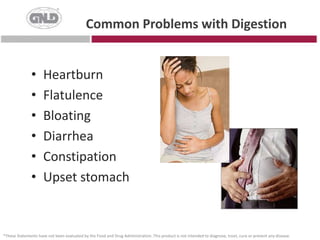 Common Problems with DigestionHeartburnFlatulenceBloatingDiarrheaConstipationUpset stomach*These Statements have not been evaluated by the Food and Drug Administration. This product is not intended to diagnose, treat, cure or prevent any disease.