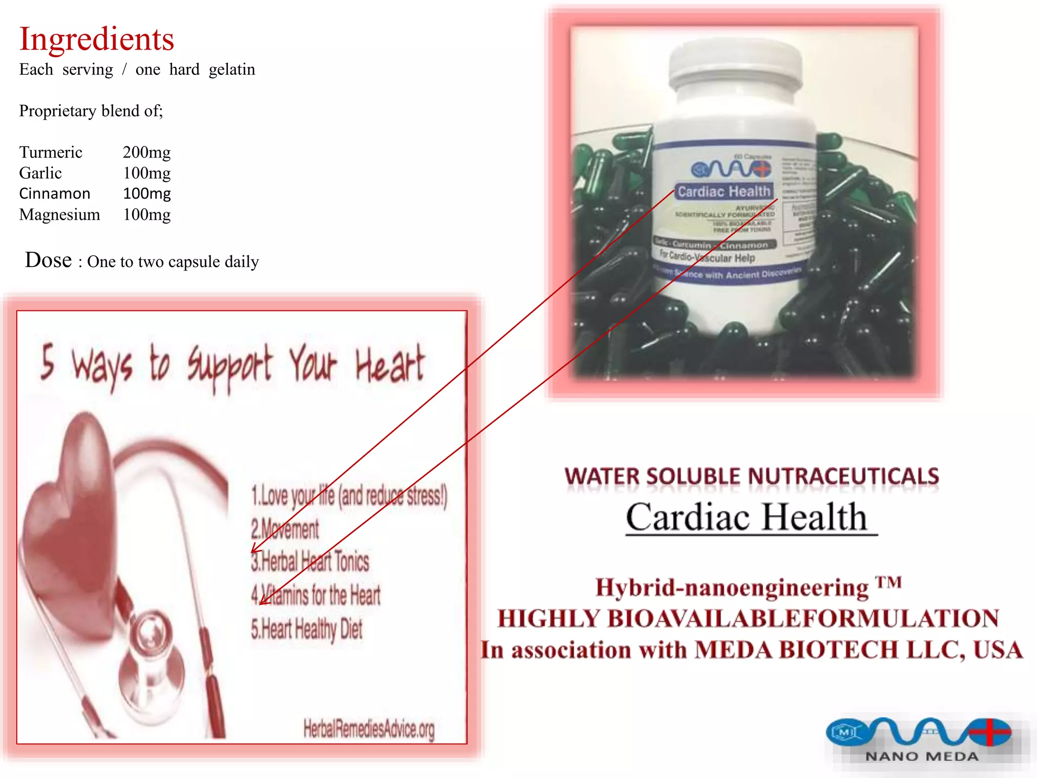 Ingredients
Each serving / one hard gelatin
Proprietary blend of;
Turmeric 200mg
Garlic 100mg
Cinnamon 100mg
Magnesium 100mg
Dose : One to two capsule daily
 
