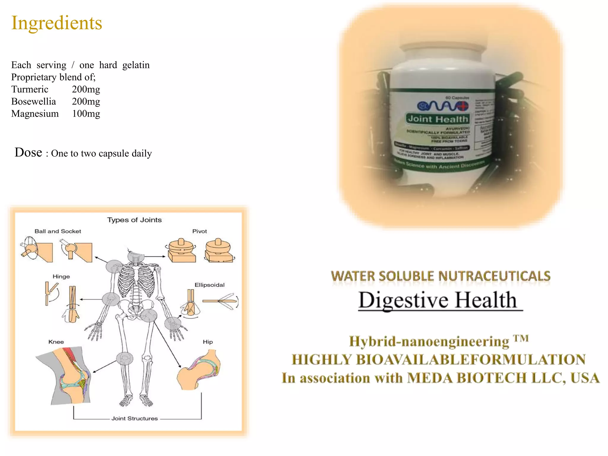 Ingredients
Each serving / one hard gelatin
Proprietary blend of;
Turmeric 200mg
Bosewellia 200mg
Magnesium 100mg
Dose : One to two capsule daily
 
