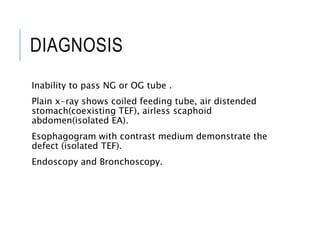 DIAGNOSIS
Inability to pass NG or OG tube .
Plain x-ray shows coiled feeding tube, air distended
stomach(coexisting TEF), airless scaphoid
abdomen(isolated EA).
Esophagogram with contrast medium demonstrate the
defect (isolated TEF).
Endoscopy and Bronchoscopy.
 
