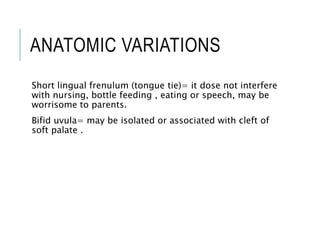 ANATOMIC VARIATIONS
Short lingual frenulum (tongue tie)= it dose not interfere
with nursing, bottle feeding , eating or speech, may be
worrisome to parents.
Bifid uvula= may be isolated or associated with cleft of
soft palate .
 