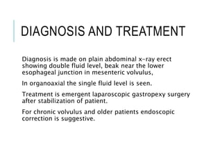 DIAGNOSIS AND TREATMENT
Diagnosis is made on plain abdominal x-ray erect
showing double fluid level, beak near the lower
esophageal junction in mesenteric volvulus,
In organoaxial the single fluid level is seen.
Treatment is emergent laparoscopic gastropexy surgery
after stabilization of patient.
For chronic volvulus and older patients endoscopic
correction is suggestive.
 