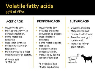 ACETIC ACID                     PROPIONIC ACID                BUTYRIC ACID

   Usually 50 to 60%                Usually 18 to 20%           Usually 12 to 18%
   Most abundant VFA in             Provides energy for         Metabolized and
    general circulation.              conversion to glucose.       oxidized to ketones.
   Prime metabolic                  Used in lactose             Provides energy to
    substrate                         synthesis.                   rumen wall.
   Used in fat synthesis            Some metabolized to         Increased in high
   Predominates in high              lactic acid.                 grain rations.
    forage diet.                     Favored in a high-
   Mammary gland is most             concentrate diet.
    important user of acetate.       Increased by adding
                                      ionophores to diet
     Acetic acid
     Milk fat
                                       Propionic acid
                                      Milk production
 