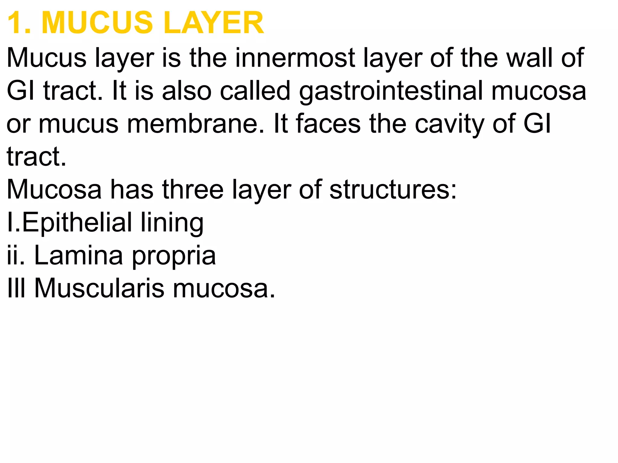 1. MUCUS LAYER
Mucus layer is the innermost layer of the wall of
GI tract. It is also called gastrointestinal mucosa
or mucus membrane. It faces the cavity of GI
tract.
Mucosa has three layer of structures:
I.Epithelial lining
ii. Lamina propria
Ill Muscularis mucosa.
 