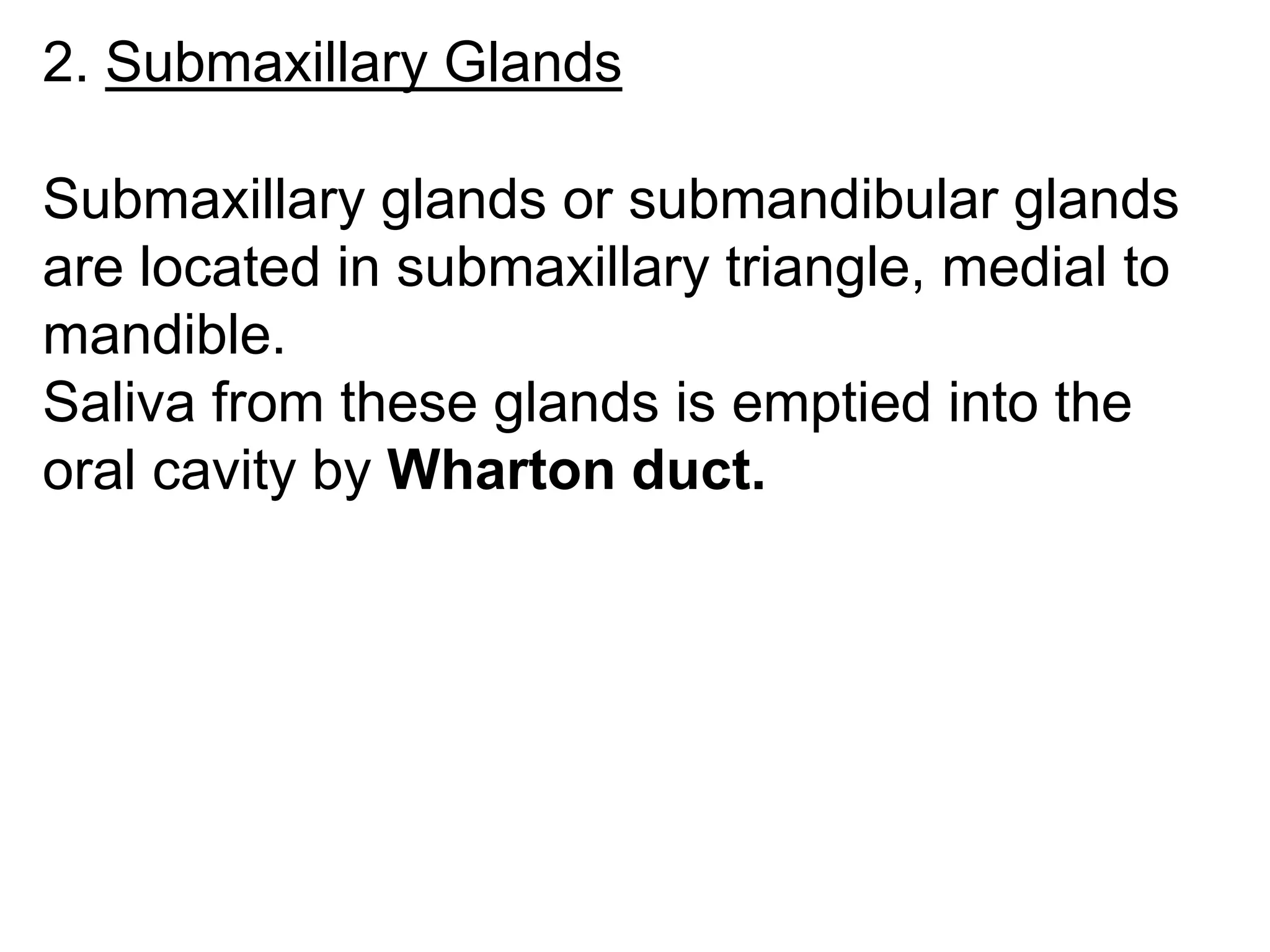 2. Submaxillary Glands
Submaxillary glands or submandibular glands
are located in submaxillary triangle, medial to
mandible.
Saliva from these glands is emptied into the
oral cavity by Wharton duct.
 