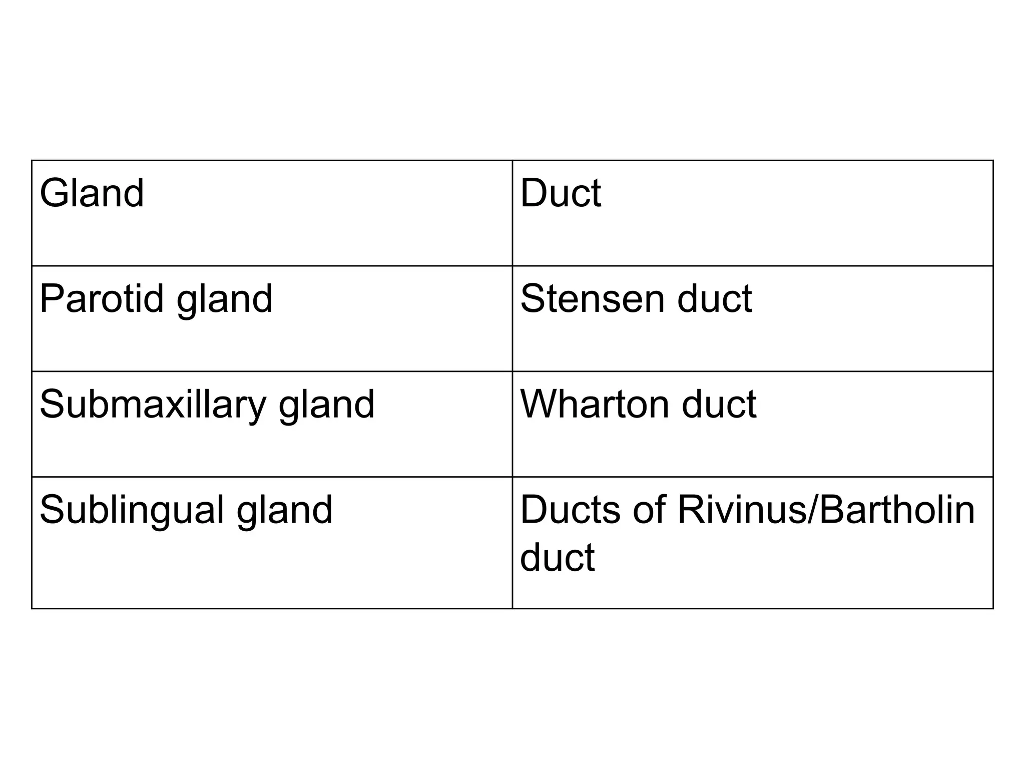 Gland Duct
Parotid gland Stensen duct
Submaxillary gland Wharton duct
Sublingual gland Ducts of Rivinus/Bartholin
duct
 