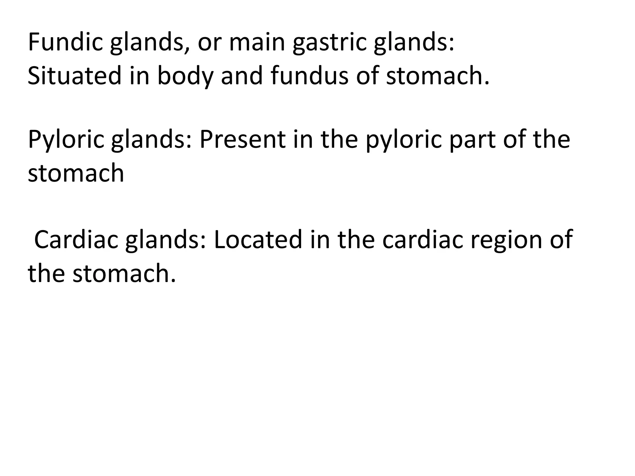 Fundic glands, or main gastric glands:
Situated in body and fundus of stomach.
Pyloric glands: Present in the pyloric part of the
stomach
Cardiac glands: Located in the cardiac region of
the stomach.
 