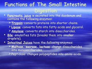 Functions of The Small Intestine
Digestion
 Pancreatic juice is secreted into the duodenum and
contains the following enzymes:
Trypsin: converts proteins into shorter chains.
Lipase: converts fats into fatty acids and glycerol.
Amylase: converts starch into disaccharides.
 Bile: emulsifies fats (breaks them into smaller
droplets).
 Intestinal Juices have the following enzymes:
Maltase, sucrase, lactase: change disaccharides
into monosaccharides.
Peptidase: changes polypeptides into amino acids.
 