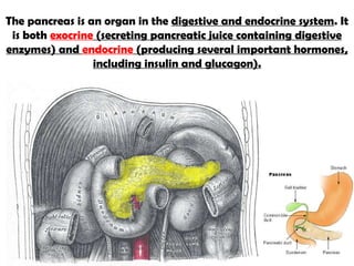 The  pancreas  is an organ in the  digestive and endocrine system . It is both  exocrine  (secreting pancreatic juice containing digestive enzymes) and  endocrine  (producing several important hormones, including insulin and glucagon). 