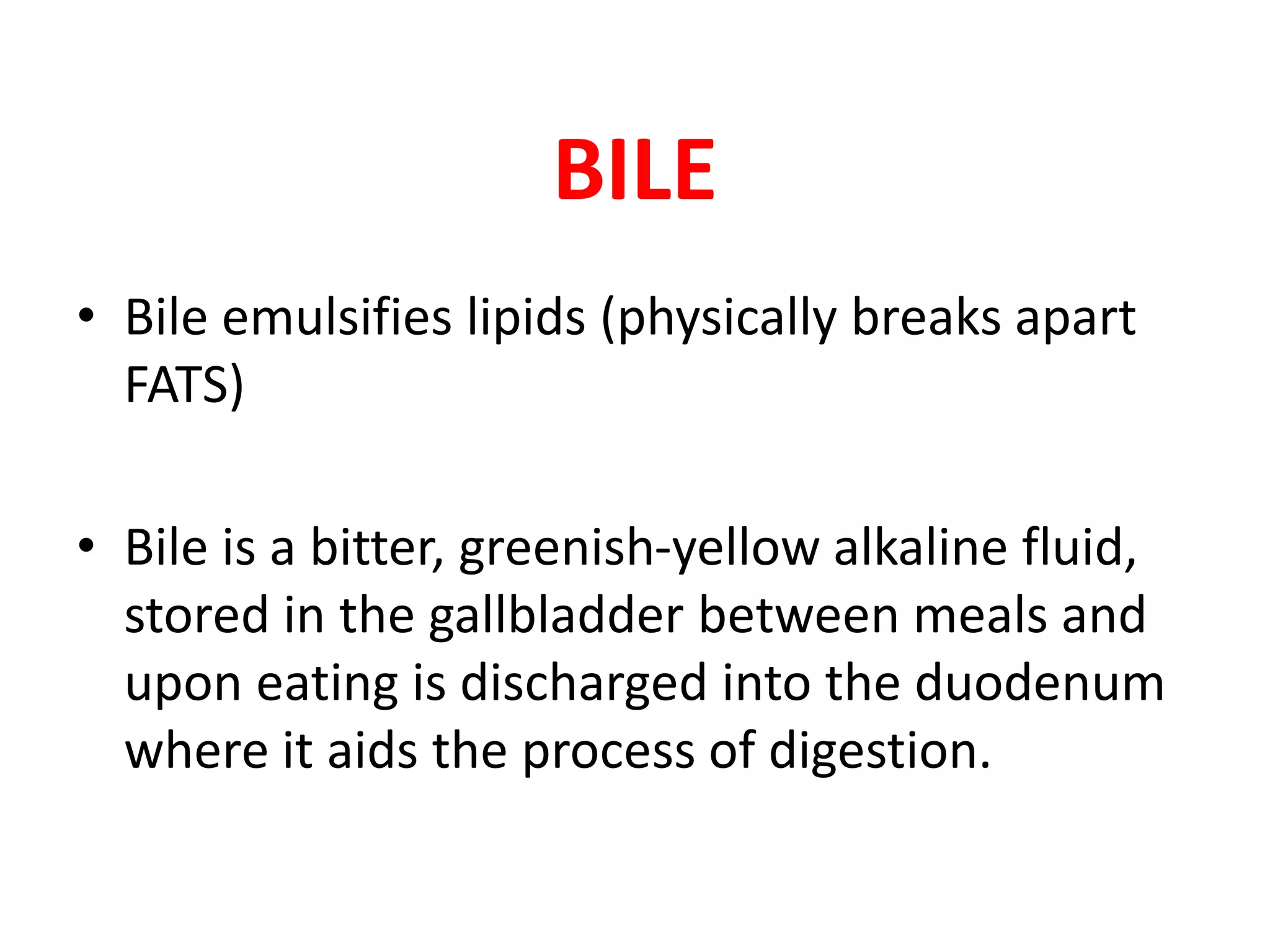 BILE
• Bile emulsifies lipids (physically breaks apart
FATS)
• Bile is a bitter, greenish-yellow alkaline fluid,
stored in the gallbladder between meals and
upon eating is discharged into the duodenum
where it aids the process of digestion.
 